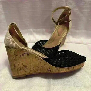 APT. 9, women’s cork wedge heals.  Ankle strap, black and cream, size 10